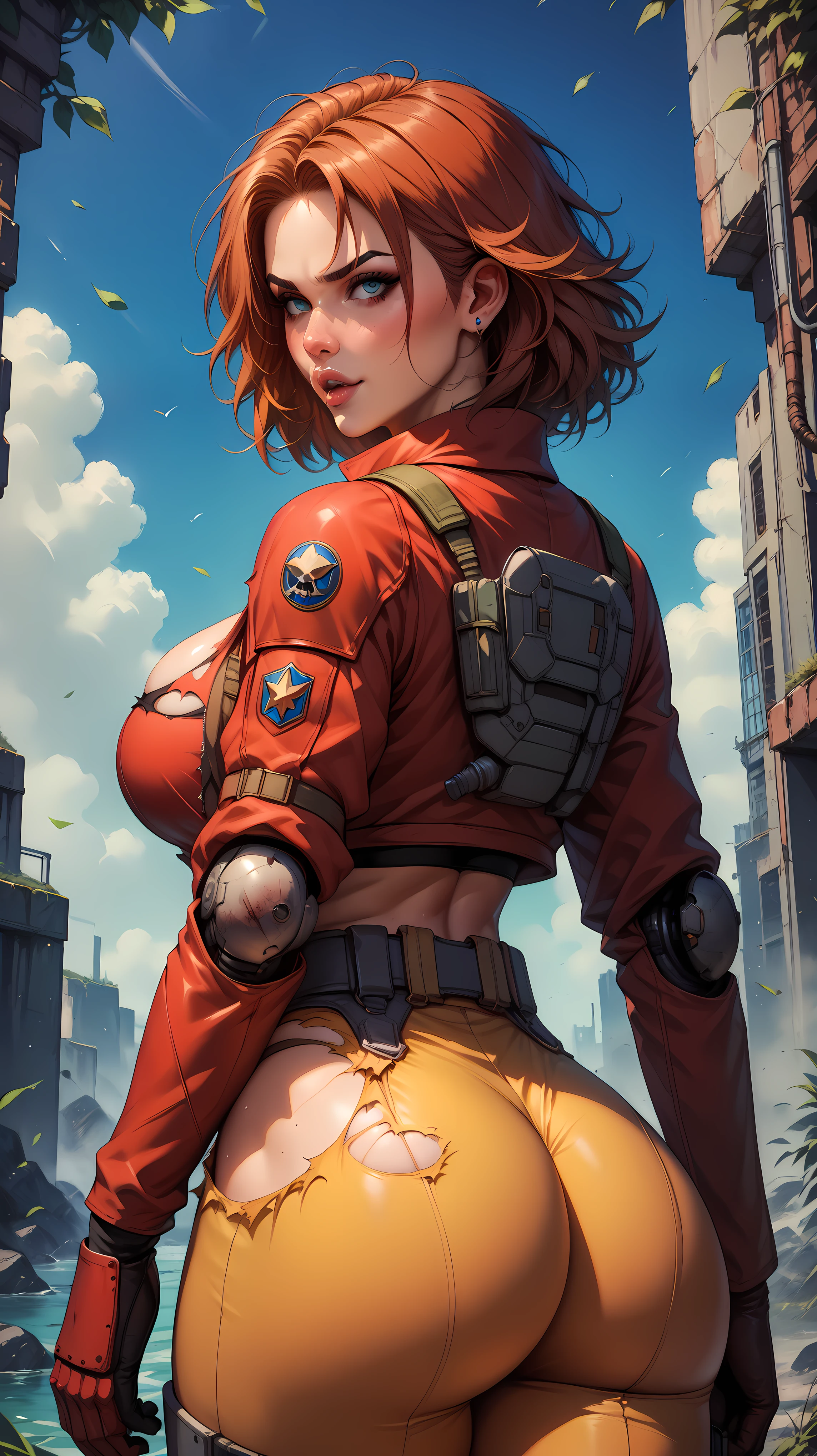 cybernetically enhanced soldier color red, born and bred to fight against the rogue AI and warlords that plague this godforsaken world full HD realistic,big boobs,cleavage,boobs bursting out,torn outfit,exaggeratedly large and curvaceous butt with sexy folds on the butt,plus size ass ,seen from behind