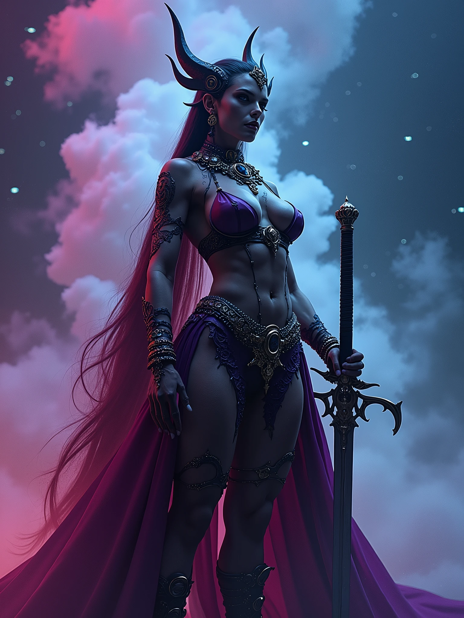 a female warrior, cosmic warrior, hyperrealistic, 8k, realistic face, beautiful detailed eyes, beautiful detailed lips, extremely detailed face, muscular body, Cosmic energy flowing through her veins, energy effects, dramatic lighting, cinematic atmosphere, vibrant colors, stylized anime art, (full body shot), anatomically correct body,