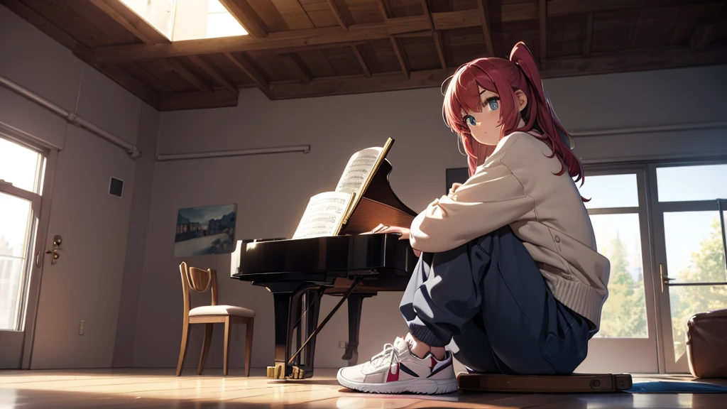 Girl sitting playing the piano, in perfect position, illuminated room, full body, sweater and wide pants with sneakers.