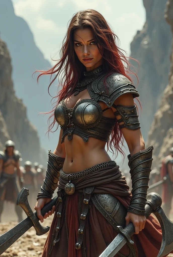 A strong and confident female warrior stands tall, wearing a chainmail bikini that gleams under a soft light. The chainmail is finely crafted, hugging her athletic frame, with intricate detailing in the metal links. Her skin is grey, showing the subtle scars of battle. She has long, flowing blue hair that cascades over her shoulders, and her eyes are yellow gold, fierce and determined. She holds a sword in one hand, with a shield resting by her side. The background is a rugged landscape, possibly a rocky battlefield or a desolate plain, under a moody, overcast sky. The overall image is highly realistic, with fine attention to texture and detail, emphasizing the contrast between the cold metal of the armor and the warmth of her skin