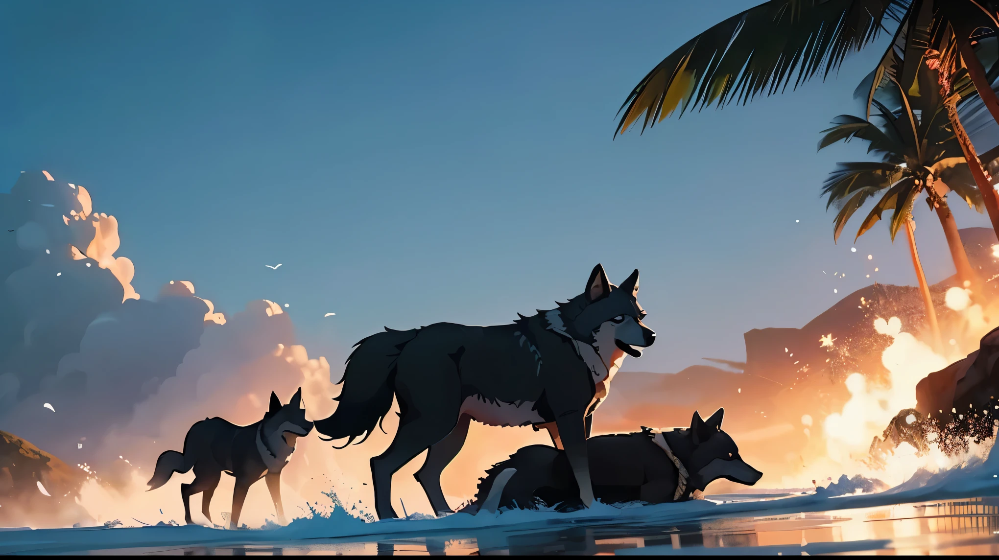 feral dog, canine pussy, pussy juice, beach, sunset, in public, everyone watching, standing, looking at the viewer, smirk, tongue out , POV