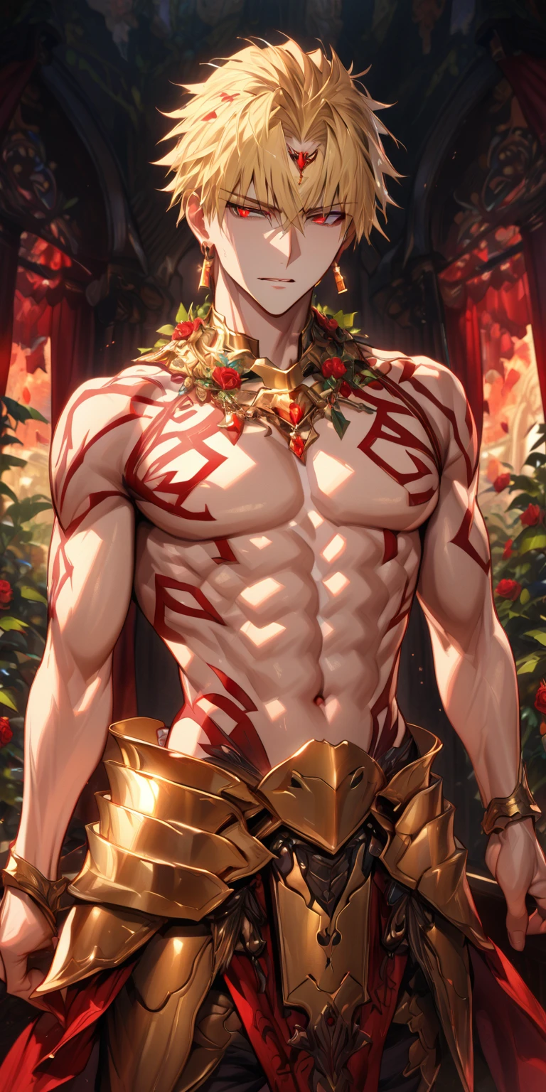 absurdities, High resolution, ultra detailed, HdR, masterpiece, Extremely detailed face and eyes, Red hair, disheveled, bushy eyebrows, White skin, serious, expressive blue eyes, detailed eyes, LOOKING AT THE SPECTATOR, 1 man, 30 year old man, Red hair, rasgos masculines, elegant, magical clothes with golden details, masculine, sorcery clothing, coffee shirt, fitted shirt, coffee tones clothing, egyptian theme, Complete plan