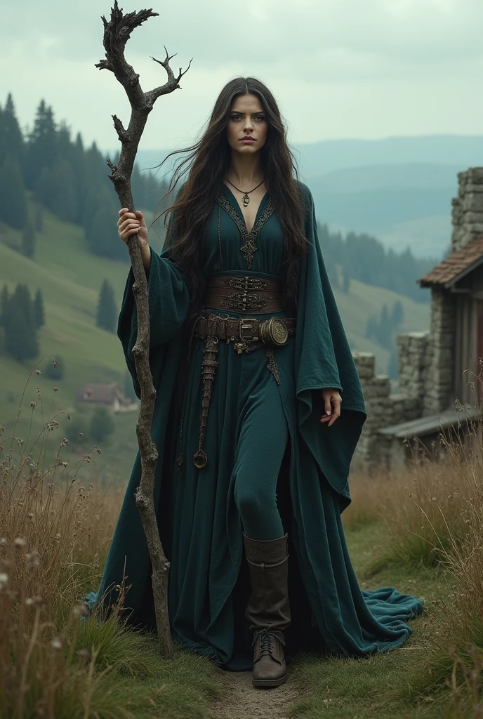 best quality, masterpiece, (<lora:JennaOrtega_Rebirth:1> jenna_ortega, black hair, brown eyes)in the style of j.r.r. tolkien, Style-GravityMagic, looking at viewer, solo, from front, front view, (full body:0.6), detailed background, detailed face, (<lora:WorldofWater:0.6>, worldofwater theme:1.1), forest ranger, light smile, immersed in nature, sitting, medieval fantasy setting, high fantasy, green embroidered leather clothes, gloves, hood, belt, enchanted forest, moss, , , bushes, , oak trees, ravine, birds, spear, swirling elemental spirits, fog,, <lora:ReaLora:0.8> <lora:detail_slider_v4:1>