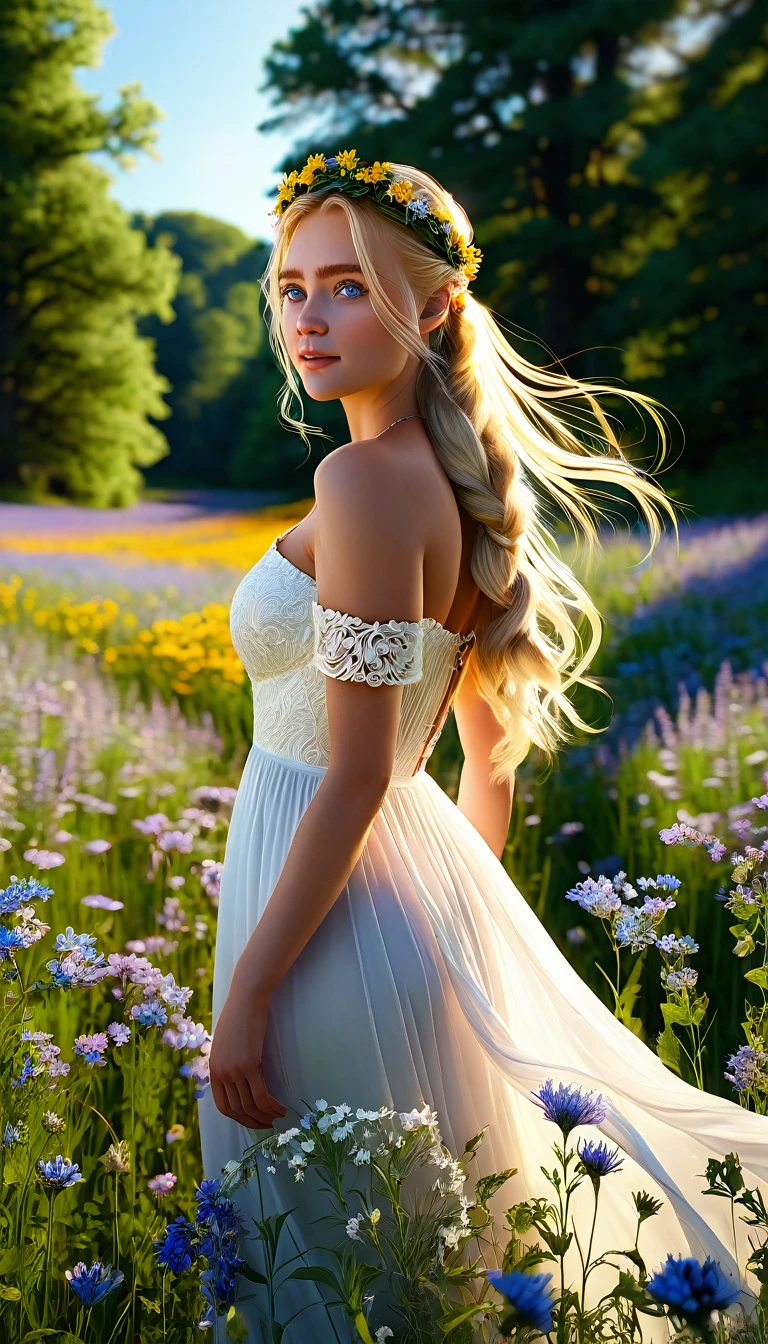 a beautiful woman with long blonde hair in a ponytail, piercing blue eyes, delicate facial features, intricate floral crown, flowing white dress, standing in a lush field of wildflowers, sunlight streaming through the trees, cinematic lighting, realistic, photorealistic, ultra-detailed, 8k, masterpiece