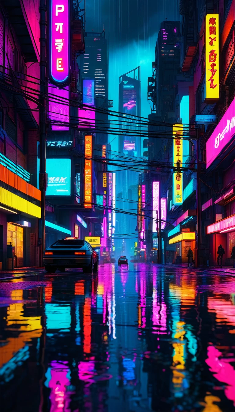 a cyberpunk city with neon-colored streets, a masterpiece, detailed cityscape, cinematic lighting, dramatic shadows, futuristic architecture, glowing neon signs, reflections in puddles, hovering vehicles, rainy atmosphere, moody color palette, vibrant neon colors, intricate details, photorealistic, 8k, best quality, ultra-detailed