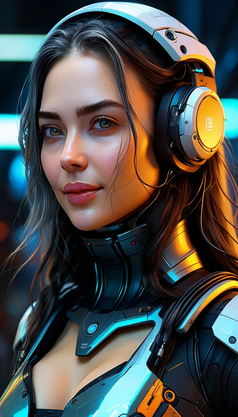 Detailed portrait Cyberpunk (sks woman) (40 year old sks woman), futuristic neon reflective clothing, Science-Fiction, Robot parts, ismail inceoglu dragan bibin hans thoma greg rutkowski alexandros pyromallis nekro rene margitte illustrated, perfect face,  (()), (Long hair),, matte skin, Pores, Fold, hyperdetailliert, hyperrealistisch,, atmospheric lighting, Hasselblad Award Winner, Soft, diffuse light,  grin,, Machine face, Fine details, realistically shaded, complicated, Elegant,