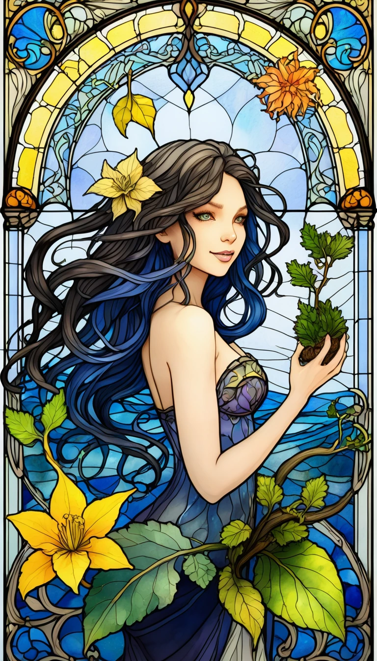 Tidal play,Luxray, split hair color, Wind, flying petals, stained glass, boiled, complicated details, dufkova, 2D, lineart, Aquarell, ink Aquarell, Random color hair, Super Long Hair, wavy, 1 girl,mandrake,flower, mandrake, detailed, complicated, Perfect lighting, perfect shading, (flat color:1), (2D:1), (Masterpiece, award-winning, best quality:1.25), (mature adult:1.3)