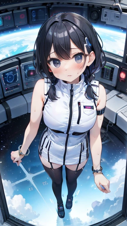 (Best Quality), (masterpiece), 1080P, High resolution, 4K, 8k, Inside the space station、Futuristic room、Thigh straps, Shooting from directly below, The woman on top of me, 白いsweat, Covered , sweat, Woman looking down, Skirt swimsuit, Thigh-high socks, To achieve this, , , whole body, Black leather shoes, Braided Hair, Inner Color, Embarrassed face, Short black hair, bracelet, bedroom,astrovest
