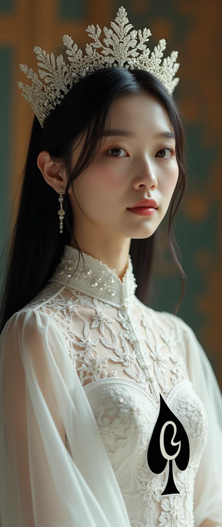8K Ultra HD, masutepiece, Best Quality, beautiful Girl, Long hair, Impressive hairstyle, Royal Hair Jewelry, Pretty cute face, face perfect, Jewelry Earrings, Antique Jewelry, Eye for detail, Beautiful eyes, meticulous makeup, Thin eyebrows, Beautiful red lips, medium breasts, Black Mesh Socks, Thin black silk shirt with a lot of white motifs, White lace shirt, Long platinum black ponytail with long bangs, Realistic colors, Magic Effects, ancient hanfu background, Full body capture,