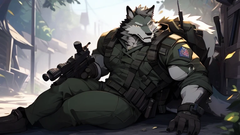 A Left Side Picture of A Very Muscular Furry style Gray Wolf. he is wearing A Dark Green Soldier suit. his eyes are looking in the gun looking spot. he is holding a large gun with his two hand. he is aiming at something that is in front of him. The background is all gray. he is Laying with his belly down flat on the ground. he is laying down to shoot in somewhere in the war. he have a very long tail. his tail is wrap around his back