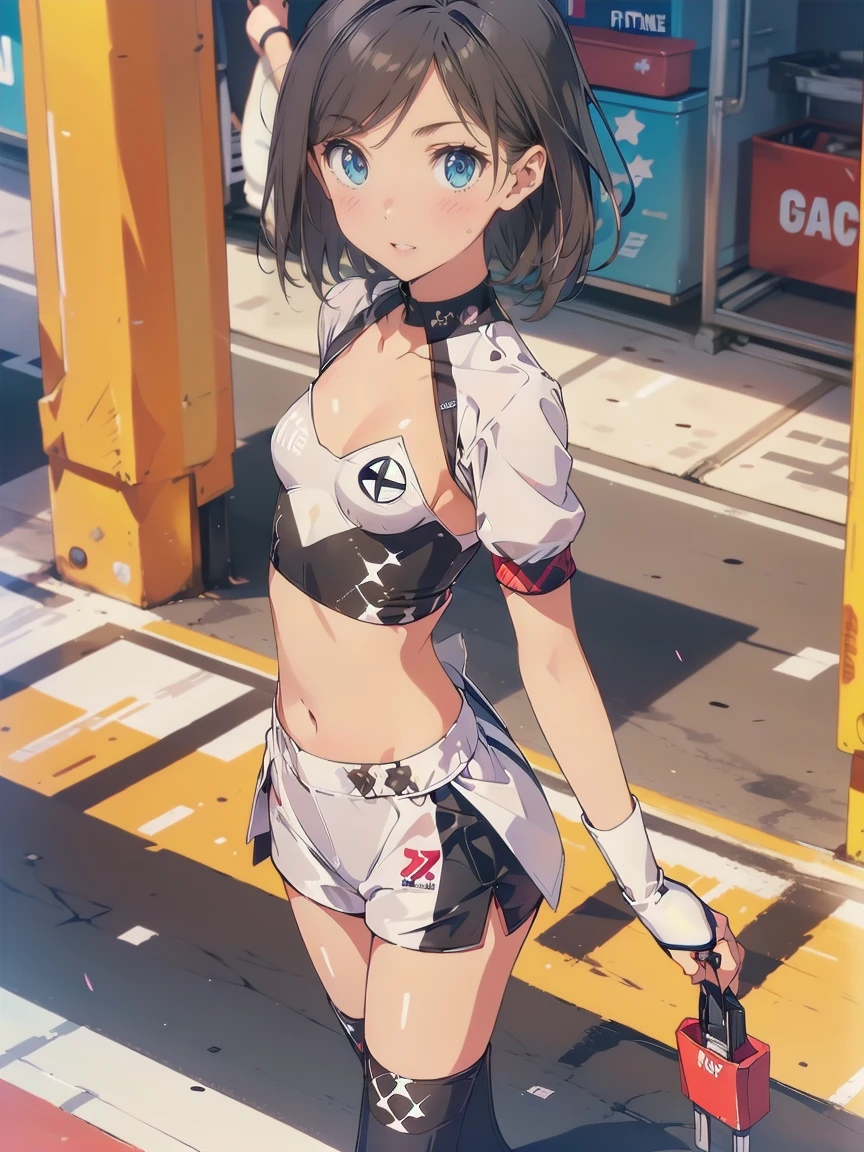 (Race Queen,Grid Girls:1.5),Crop top,White Micro Shorts,standing:1.3、Black Hair:1.5、short hair:1.5,Twin tails:1.5、(((Flat chest:1.5)))、(((from front:1.1))),