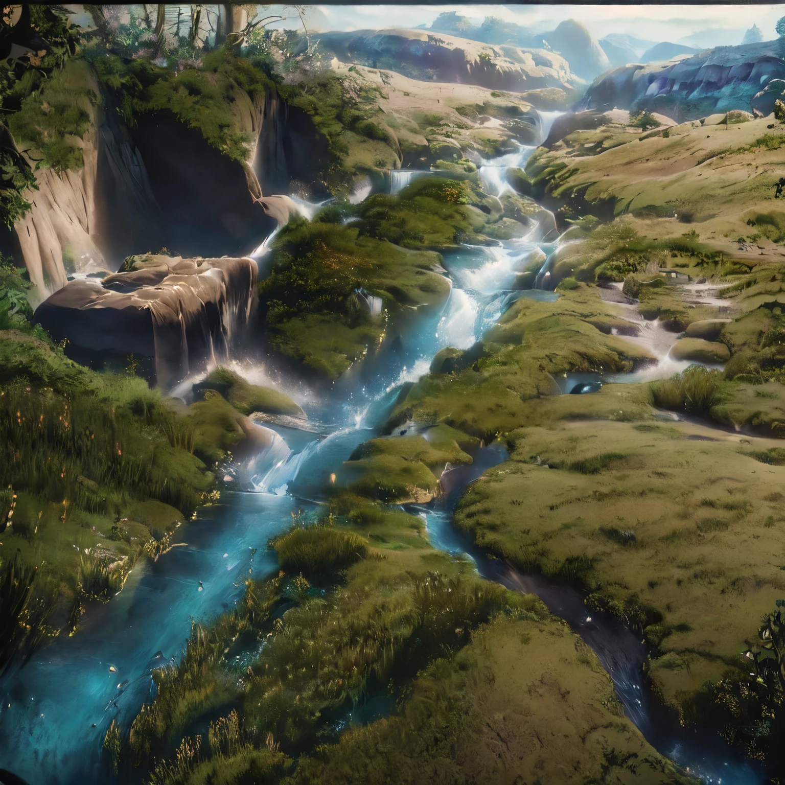 there is a small stream running through a valley with a bridge, beautiful render of a landscape, hyperdetailed 3d matte painting, hyperdetailed 3 d matte painting, hyperrealistic landscape, 3d rendered matte painting, organic matte painting, hyperdetailed matte painting, highly detailed matte painting, ultrarealistic matte painting, 8 k matte painting, 8k matte painting