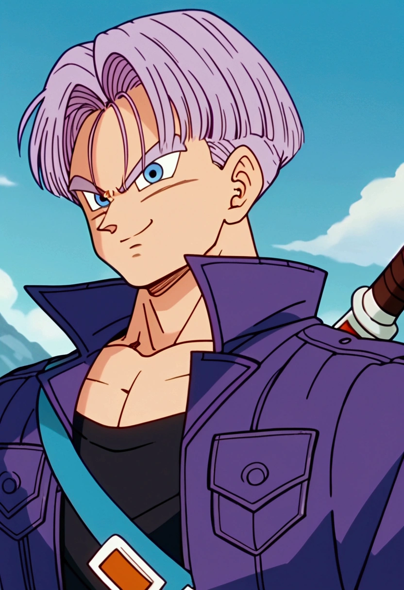 Trunks, purple jacket, black muscle shirt underneath, black pants, sword on the back, blue eyes, black pupil, purple hair, yellow shoes with black tips, mountain landscape, thin arms, thin jacket,view from front, smiling, well lit, masterpiece, spectacular details, improved face, flawless, perfect eyes, perfect mouth, perfect face, source_anime, score_9, score_8_up, score_7_up, anime screencap,8k, absurd res
