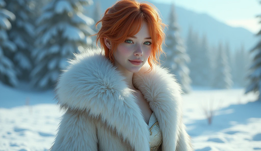 steampunk woman, short curly red hair, ivory fur coat, detailed face, early morning, snowy mountains, depth of field, blurry background, [[Sansa Stark]],[[Erin Heatherton]],[[Kate Beckinsale]]
