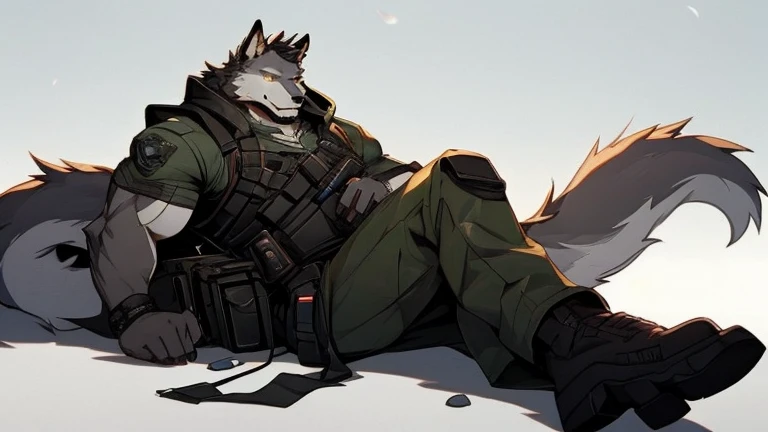 A Left Side Picture of A Very Muscular Furry style Gray Wolf. he is wearing A Dark Green Soldier suit. his eyes are looking in the gun looking spot. he is arming a large gun with his two hand. he is aiming at something that is in front of him. The background is all gray. he is Lay flat on the ground. he is laying down to shoot at somewhere in the war. he have a very long tail. his tail is wrap around his back