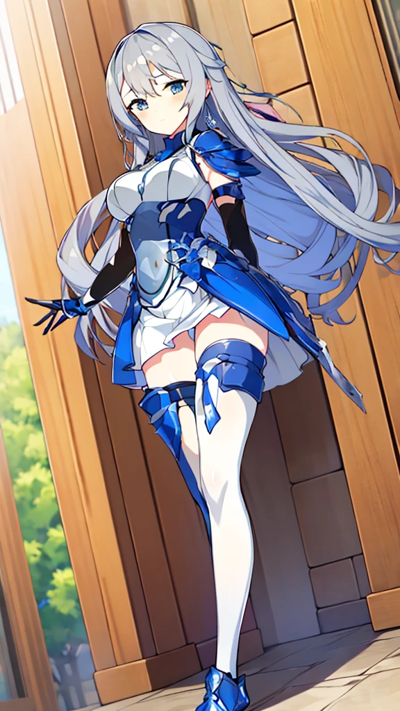 ((whole body)),Anime teenage girls, Blue and grey metal armor, Blue hand and thigh accessories, Short dark blue-gray hair, Hair Accessories, Grey Eyes, Silver earrings, nose, Curious, Healthy Skin, Very dirty, head, shoulder, Small box, arms, Have a map, Narrow waist, feet, Medium thighs, Has black robotic legs, cute, Bright colors on shirts, Futuristic white marble palace, Shining light in the sky, Stand next to a wall, Cinematic Light, High resolution, Best Quality, Very detailed, Detailed face, (Fine grain), Best Quality, Very detailed, masterpiece, (Detailed face), Beautiful Face, feetを見せて, Long Hair