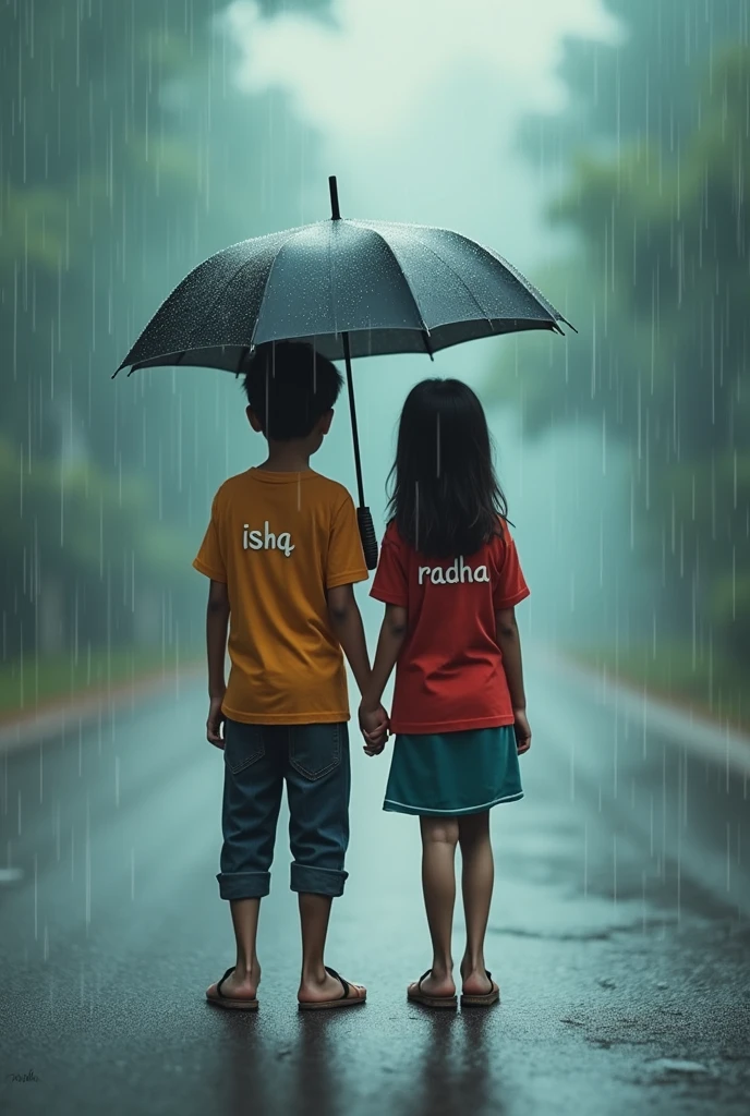 a Indian couples   younger age under 10 age , walking in park , rain weather both hands in shoulder enjoying rain
 the boy is wearing a white printed  shirt , the girl with pink white mix printed shirt and without in shirt,stylish and  boy name with "FIGHTER" small written on it's back , girl name with "SPANDANA" small written on it's back ,  in big and bold fonts, 3d illustration 
