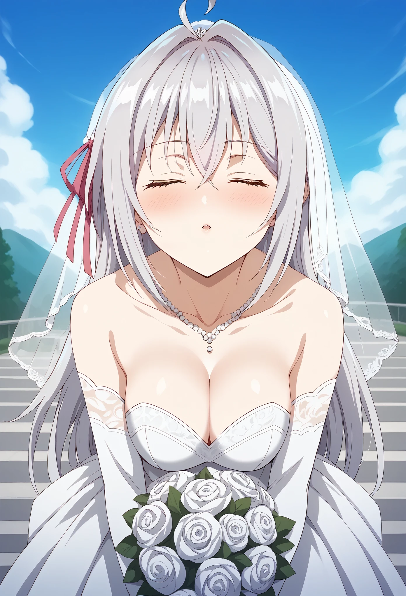 score_9, score_8_up, score_7_up, score_6_up, source_anime, BREAK, 1girl, source_anime, alya, long hair, silver hair, ahoge, crossed bangs, hair ribbon, sidelocks, looking at viewer, wedding dress, wedding veil, off shoulder, cleavage,wedding ring, outdoor, sky, standing, cowboy shot, medium breasts, jewelry, blushing, incoming kiss, closed eyes, bouquet, colarbone, pov