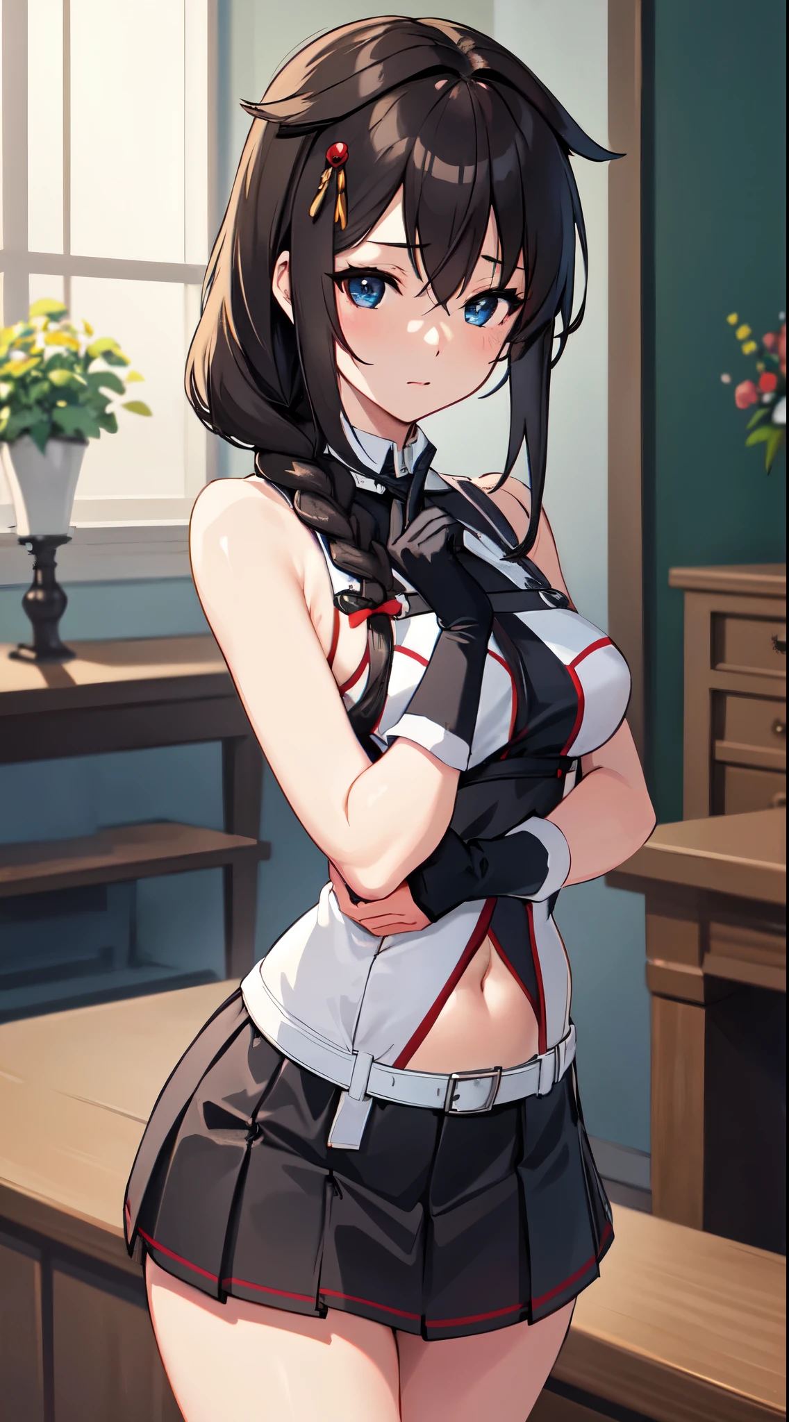 (masterpiece), (Best Quality), (Very detailed), Realistic, (Best illustrations), (Very delicate and beautiful), One girl, Alone,Shigure Kai 3 KanColle Sleeveless Black Fingerless Gloves Black Skirt Braids 8K High Resolution Very Detailed Eyes Very Detailed Face、Very detailed body、Very fine skin, Very elaborate hair ornament, Precisely sculpted body and hands 1 person Living room of a private home