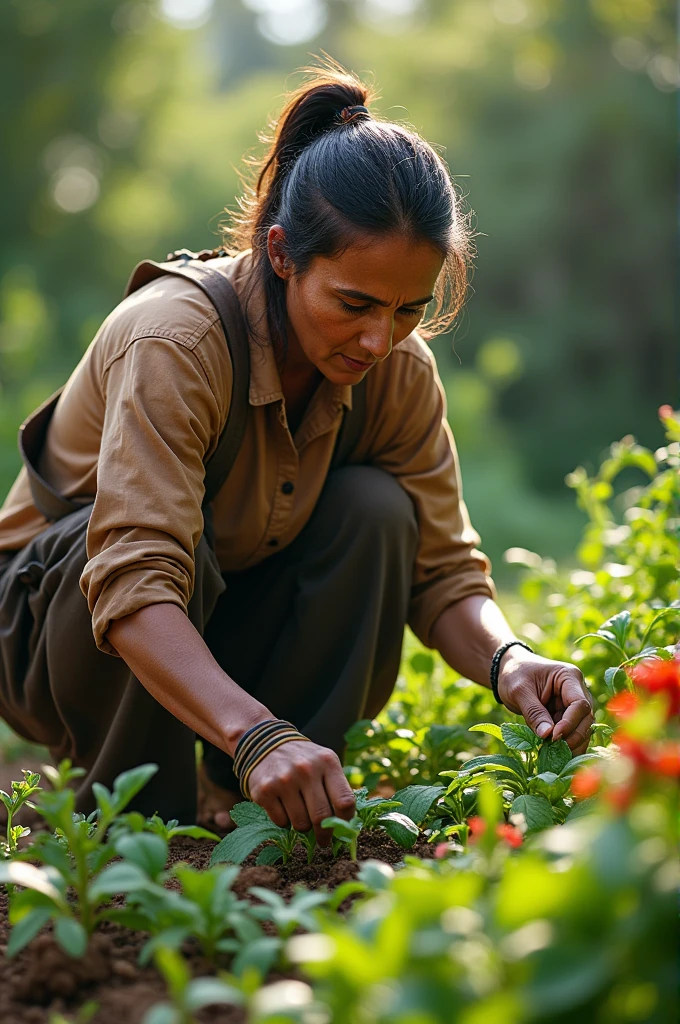 A beautiful Indian girl sowing seeds in her garden