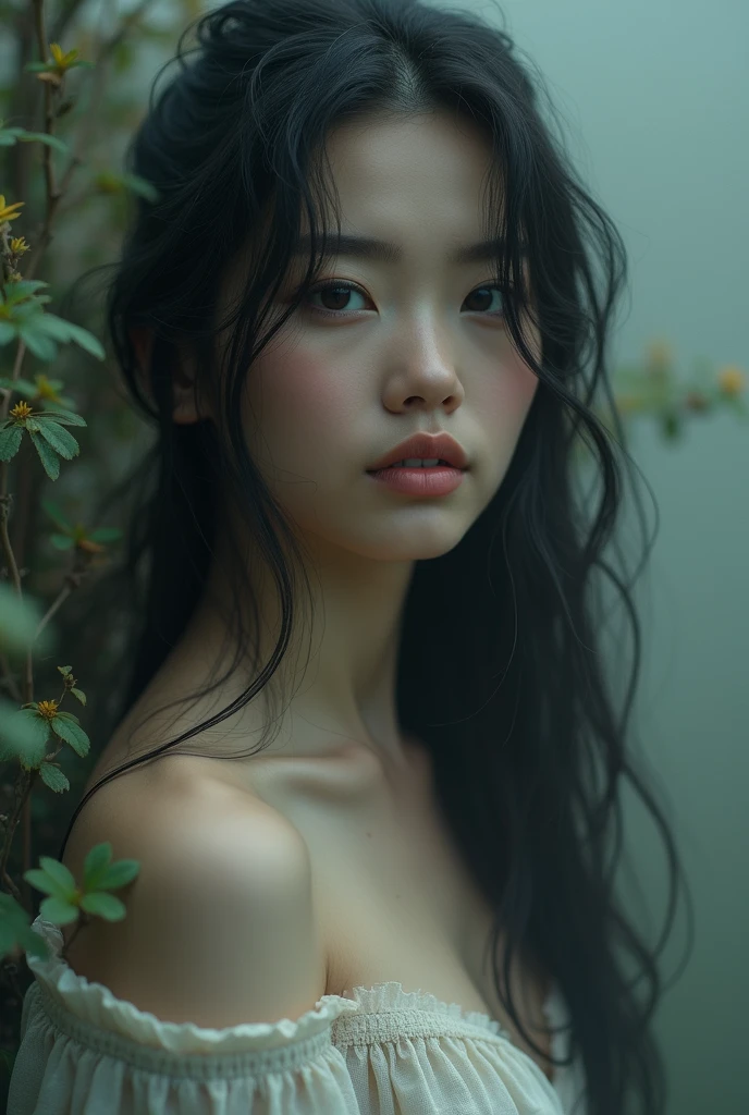 Naked Small Tits Beauties、Cover your nipples with both hands、Long black hair、White skin、A beautiful woman with a mysterious expression、Standing in a foggy forest at night。she、In Japanese folklore, this monster is known as Onmoraki.。Onmoraki is、With an uneasy yet captivating gaze、Set against an atmospheric misty forest background