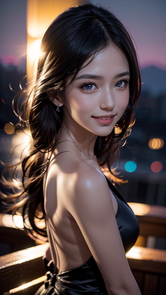 8k, masterpiece, RAW photo, best quality, photorealistic, extremely detailed CG unity 8k wallpaper, Depth of field, Cinematic Light, Lens Flare, Ray tracing, (extremely beautiful face, beautiful lips, beautiful eyes), intricate detail face, ((ultra detailed skin)) 1girl, in the dark, deep shadow, pretty asian girl, asian idol,(very slim slender fit-muscled body), ((looking at viewer)),(smile), (fashion city night, (small breasts), (blurry background), midnight, (vacant city), (without people in the background), pretty korean girl, white diamond earrings, dia bracelets, dia necklace, clear eyes, shot, (pale skin), face forward, (big eyes), ((close up shot)), (ponytail) (looking at viewer), small breasts,((smile)), (see through), ((laced top)), ( very slim), (silk shirts)