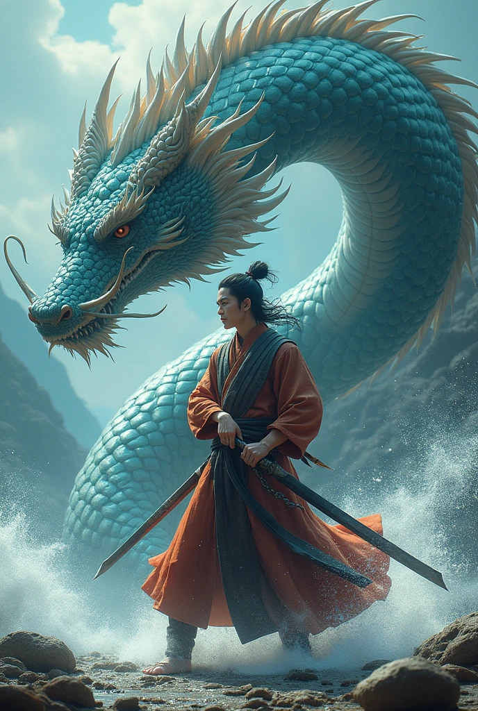 A worthy anime man standing by doing jutsu with a big dragon behind him as if the dragon is his pet
