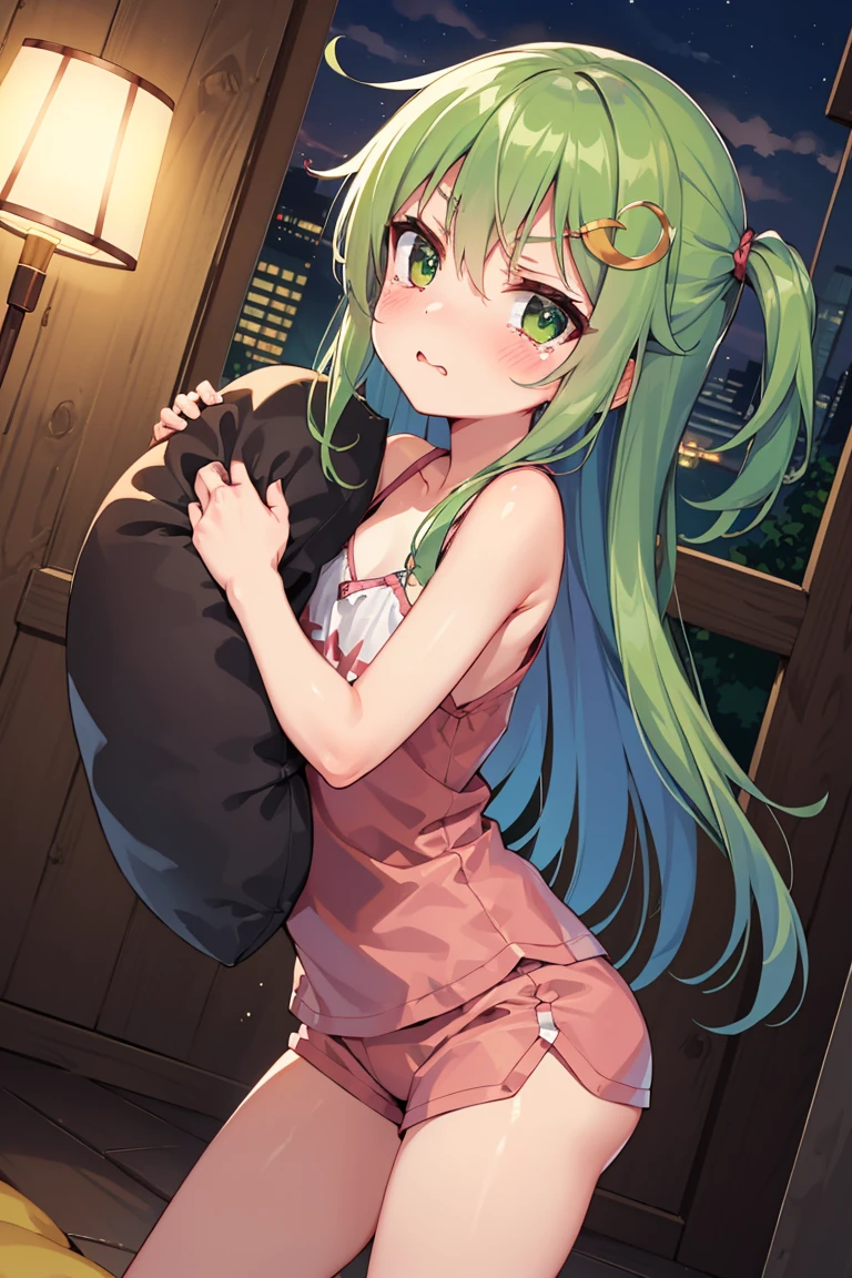 Portrait, official art, best masterpiece, best quality, best resolution, 8K, best detailed, perfect anatomy, (Dutch Angle)
BREAK
standing, (hugging a pillow:1.3)
BREAK
green hair, long hair, green eyes, pajamas, (flat chest, child_like build, short stature:1.2), 1small girl, solo
BREAK
serious face, bashful, tears, close your mouth
BREAK
bedroom, (night, midnight, darkness:1.3), very fine and detailed 16KCG wallpapers