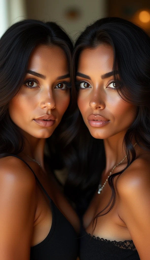 woman in a black top posing for a photo,  profile picture with headshot, 2 4 year old female model, flawless brown skin, young man with long dark hair, 18 years old, sexy face with full makeup, sultry gaze, wavyhair, sexy face, soft freckles, rosy cheeks with natural freckles, voluminous and long eyelashes,