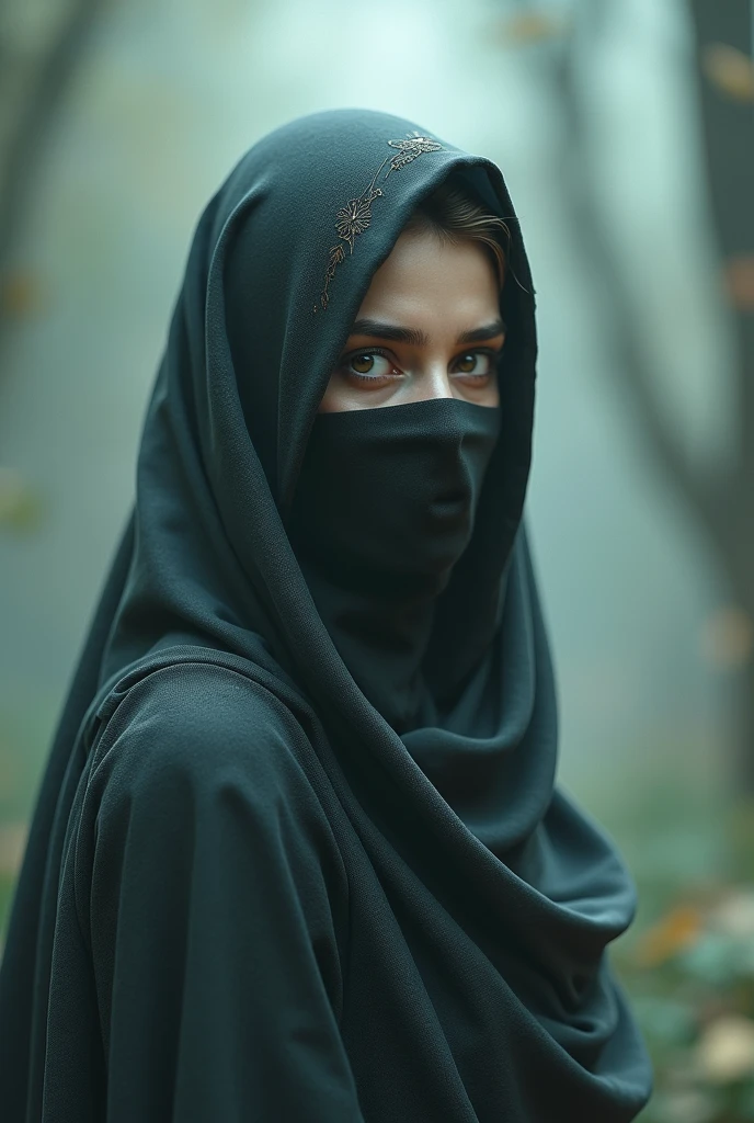 A girl wearing a burkha is getting wet in the rain