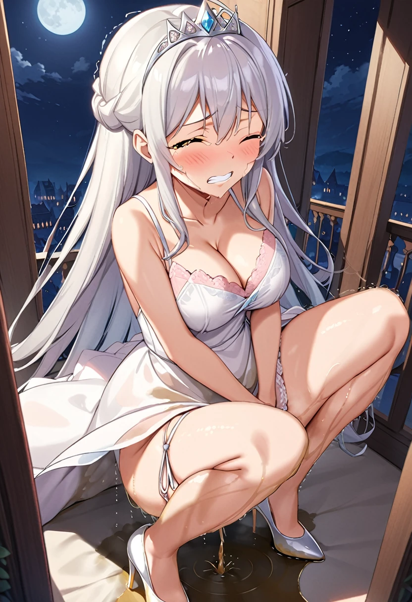 R18、Porn Image、adult、Sweaty、Asuna、STAR、Silver Hair、Red Eye、Elves、Semi-transparent black lace wedding dress、Troubled face、High angle、The focus is on the cleavage、Free Pose、Moonlit Night、Creampie
