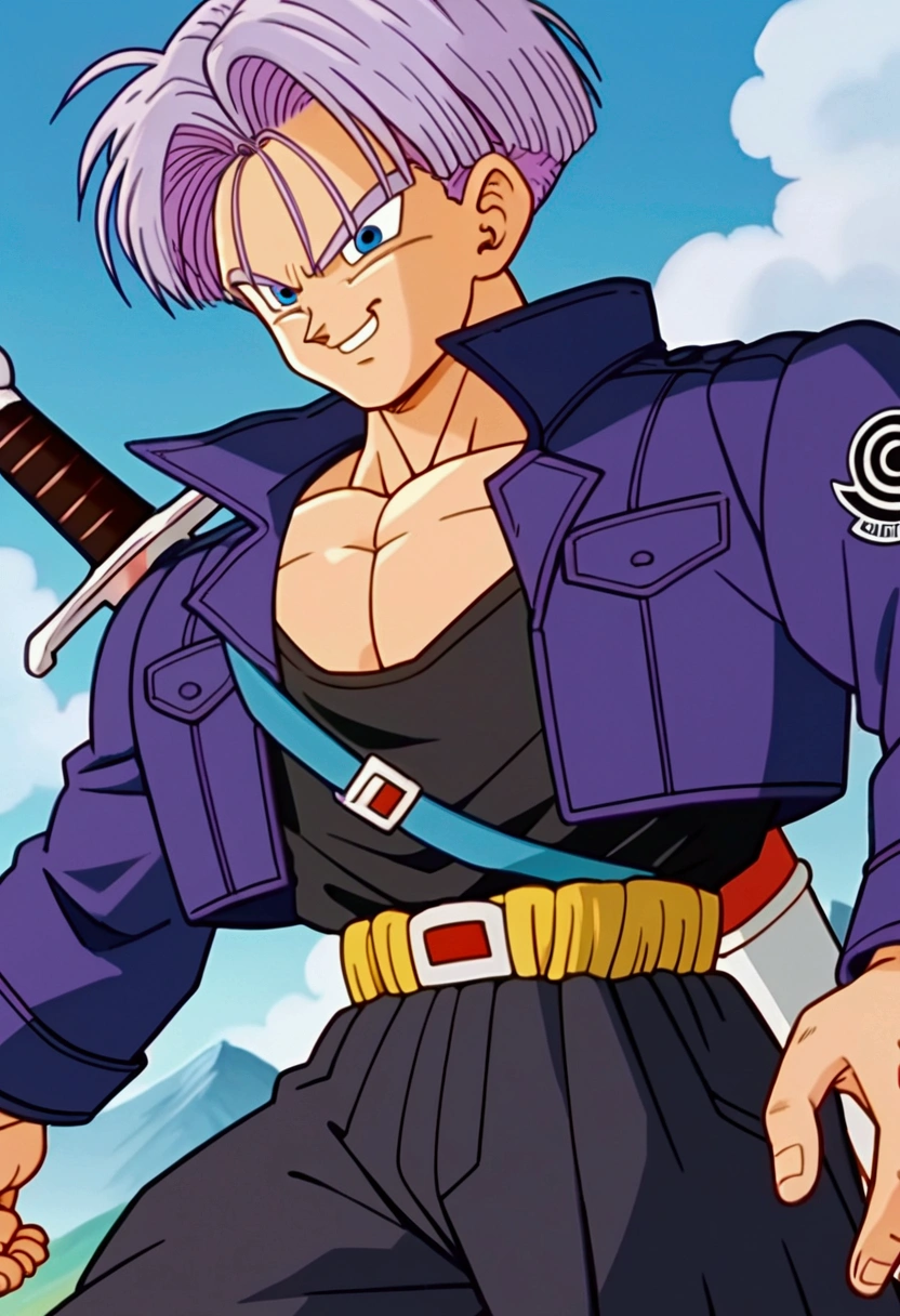 (masterpiece, best quality:1.2), cowboy shot, solo, male focus, 1boy, trunks \(dragon ball\), expressionless, closed mouth, looking at viewer, purple hair, blue eyes, nude, (detailed penis:1.1), sitting