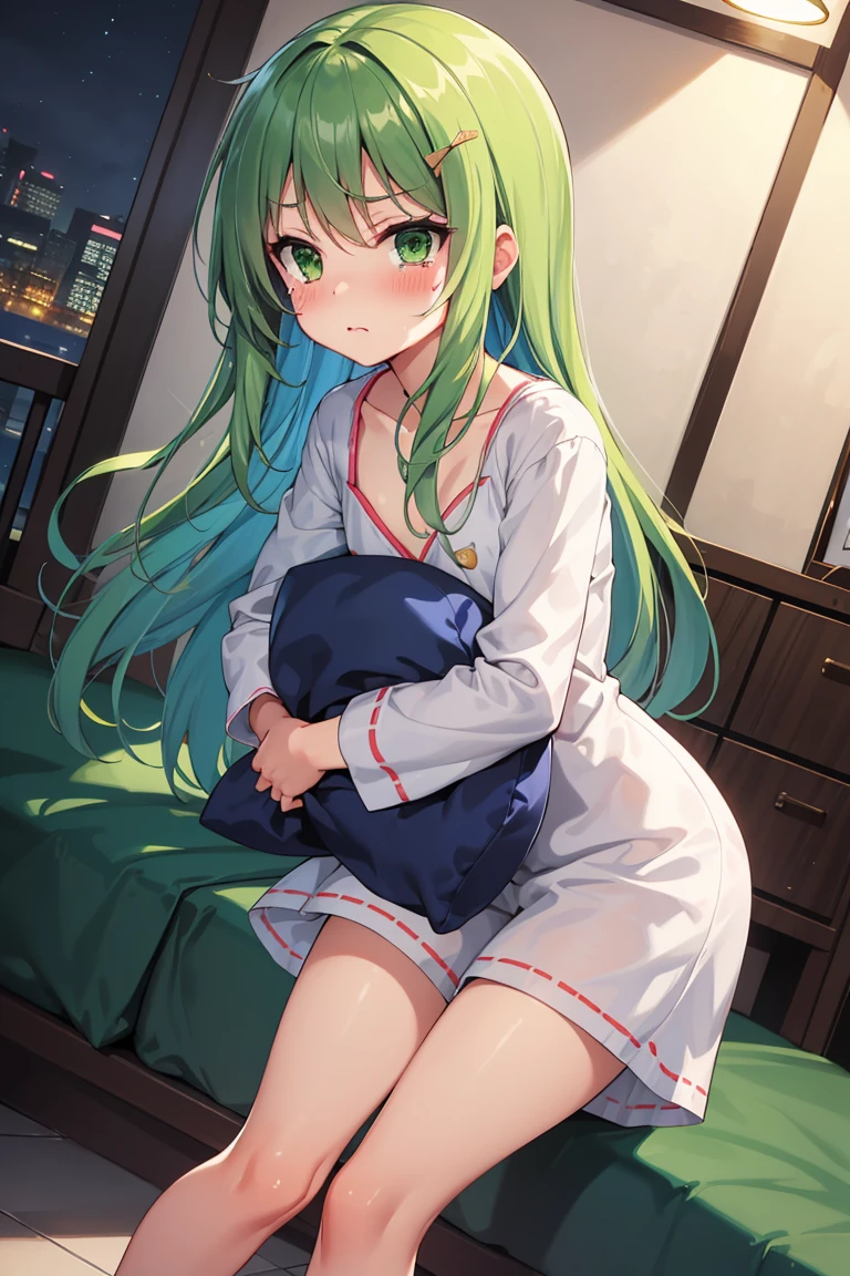 Portrait, official art, best masterpiece, best quality, best resolution, 8K, best detailed, perfect anatomy, (Dutch Angle)
BREAK
standing, (hugging a pillow:1.3)
BREAK
green hair, long hair, green eyes, pajamas, (flat chest, child_like build, short stature:1.2), 1small girl, solo
BREAK
serious face, bashful, tears, close your mouth
BREAK
bedroom, (night, midnight, darkness:1.3), very fine and detailed 16KCG wallpapers