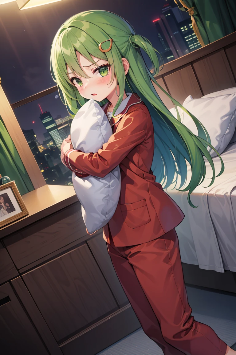 Portrait, official art, best masterpiece, best quality, best resolution, 8K, best detailed, perfect anatomy, (Dutch Angle)
BREAK
standing, (hugging a pillow:1.3)
BREAK
green hair, long hair, green eyes, pajamas, (flat chest, child_like build, short stature:1.2), 1small girl, solo
BREAK
serious face, bashful, tears, close your mouth
BREAK
bedroom, (night, midnight, darkness:1.3), very fine and detailed 16KCG wallpapers