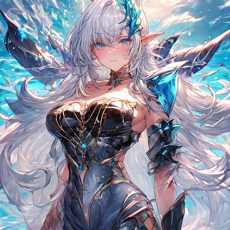(((Tabletop))), (((Highest quality))), ((Very detailed)), (Very detailed photos), ((Very delicate and beautiful)),(Cute delicate face),here is a digital art of a very futuristic looking female that has armor and armss, One Girl, arms, alone, sf, Holding, Holding arms, roboT,Beautiful face and eyes, double eyelid,Delicate skin,Slim figure、Dress and armor
