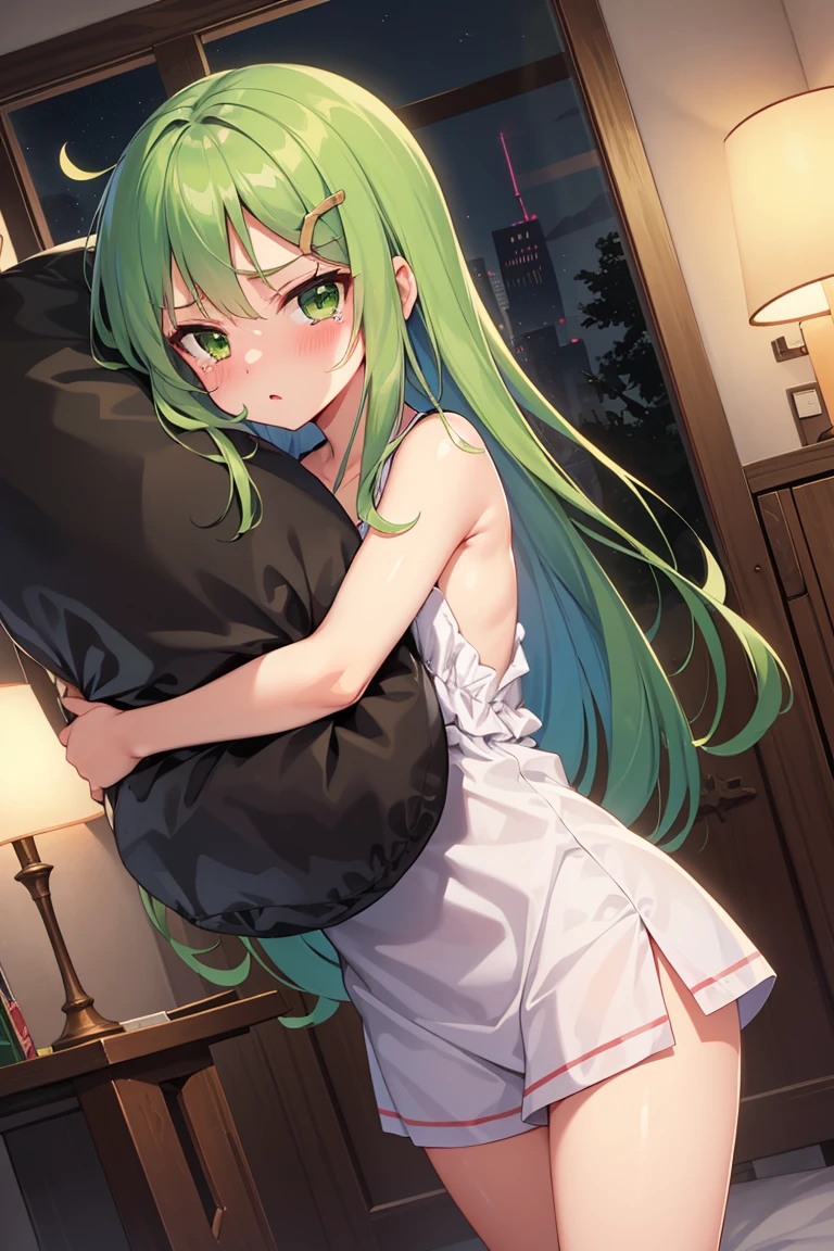 Portrait, official art, best masterpiece, best quality, best resolution, 8K, best detailed, perfect anatomy, (Dutch Angle)
BREAK
standing, (hugging a pillow:1.3)
BREAK
green hair, long hair, green eyes, pajamas, (flat chest, child_like build, short stature:1.2), 1small girl, solo
BREAK
serious face, bashful, tears, close your mouth
BREAK
bedroom, (night, midnight, darkness:1.3), very fine and detailed 16KCG wallpapers