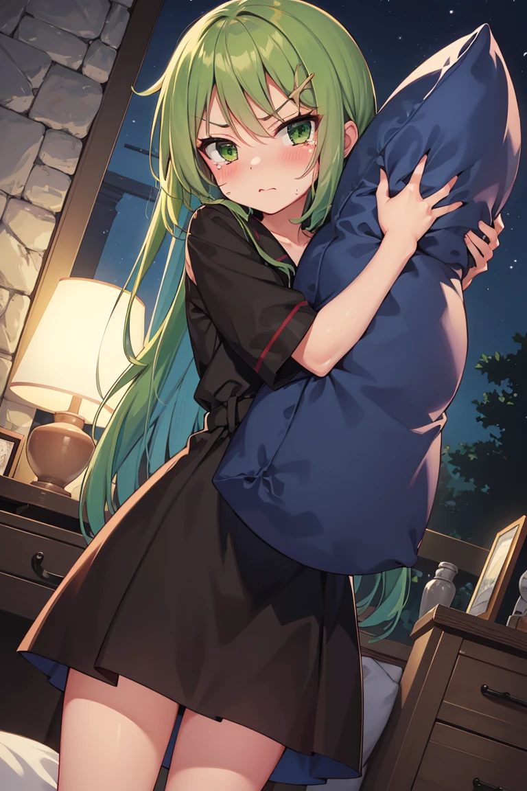 Portrait, official art, best masterpiece, best quality, best resolution, 8K, best detailed, perfect anatomy, (Dutch Angle)
BREAK
standing, (hugging a pillow:1.3)
BREAK
green hair, long hair, green eyes, pajamas, (flat chest, child_like build, short stature:1.2), 1small girl, solo
BREAK
serious face, bashful, tears, close your mouth
BREAK
bedroom, (night, midnight, darkness:1.3), very fine and detailed 16KCG wallpapers