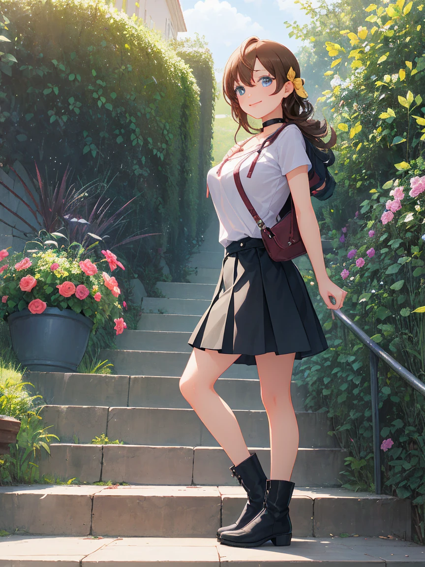 ,a girl wearing black boots with short sleeves standing in front of a staircase, 1girl, solo, skirt, breasts, looking at viewer, smile, boots, pleated skirt, long hair, blush, cleavage, black footwear, hood, choker, black skirt, hoodie, stairs, collarbone, drawstring, long sleeves, leaning forward,add_detail:1, add_detail:0, add_detail:0.5