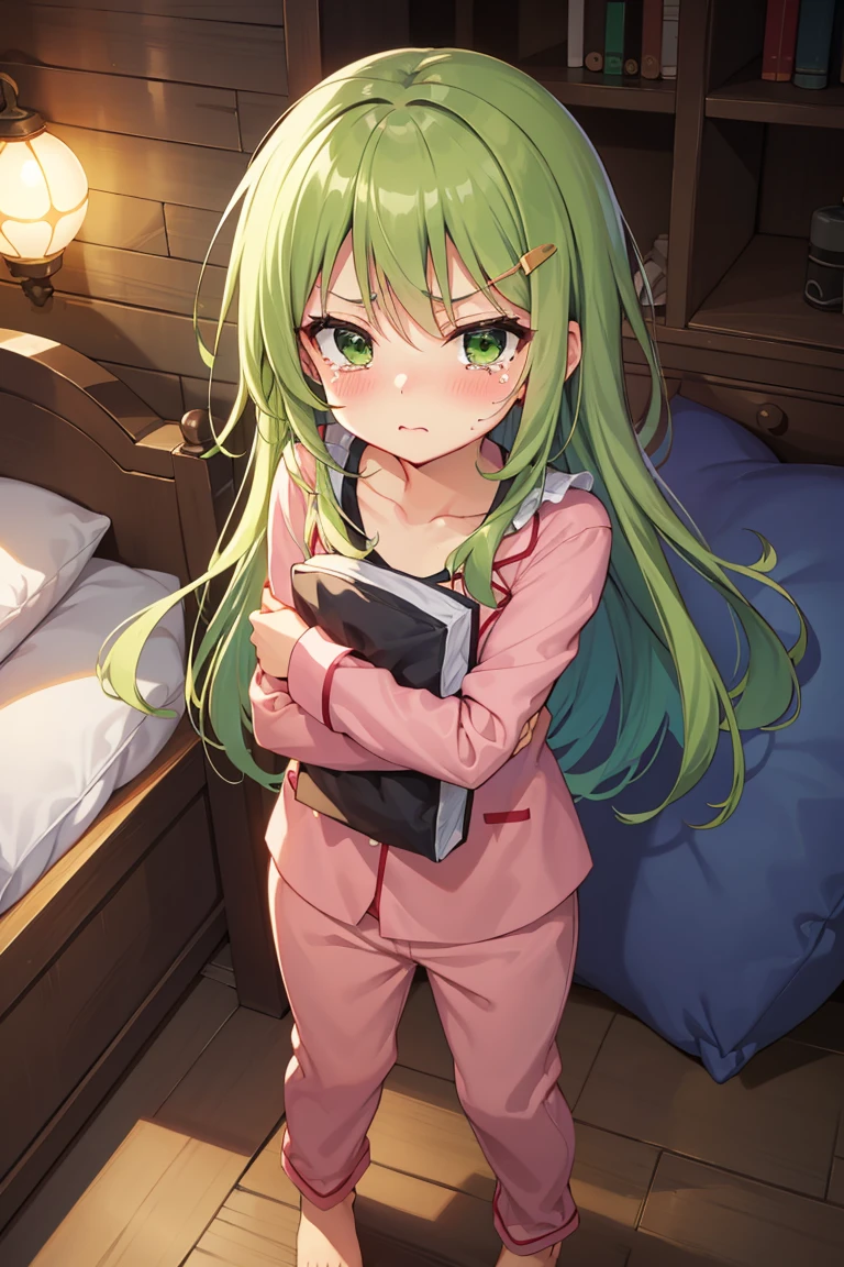 Portrait, official art, best masterpiece, best quality, best resolution, 8K, best detailed, perfect anatomy, From above
BREAK
standing, (hugging a pillow:1.3), Looking up
BREAK
green hair, long hair, green eyes, pajamas, (flat chest, child_like build, short stature:1.2), 1small girl, solo
BREAK
serious face, bashful, tears, close your mouth
BREAK
bedroom, (night, midnight, darkness:1.3), very fine and detailed 16KCG wallpapers