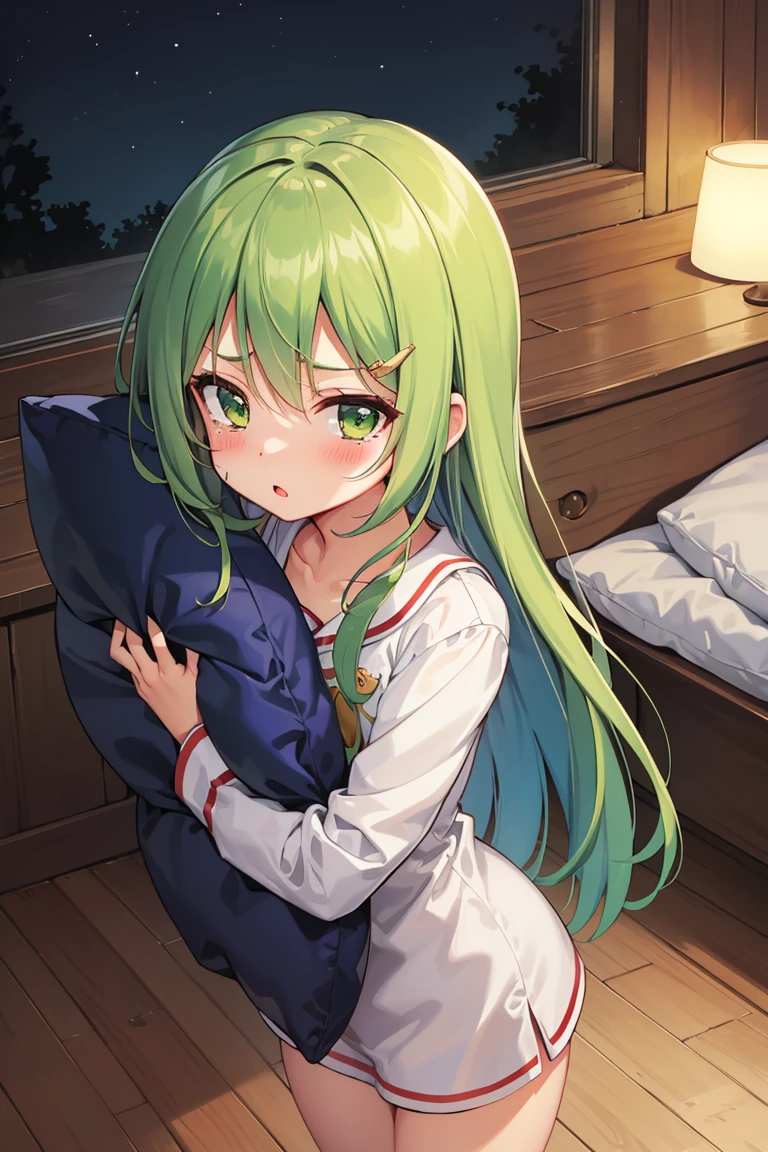 Portrait, official art, best masterpiece, best quality, best resolution, 8K, best detailed, perfect anatomy, From above
BREAK
standing, (hugging a pillow:1.3), Looking up
BREAK
green hair, long hair, green eyes, pajamas, (flat chest, child_like build, short stature:1.2), 1small girl, solo
BREAK
serious face, bashful, tears, close your mouth
BREAK
bedroom, (night, midnight, darkness:1.3), very fine and detailed 16KCG wallpapers