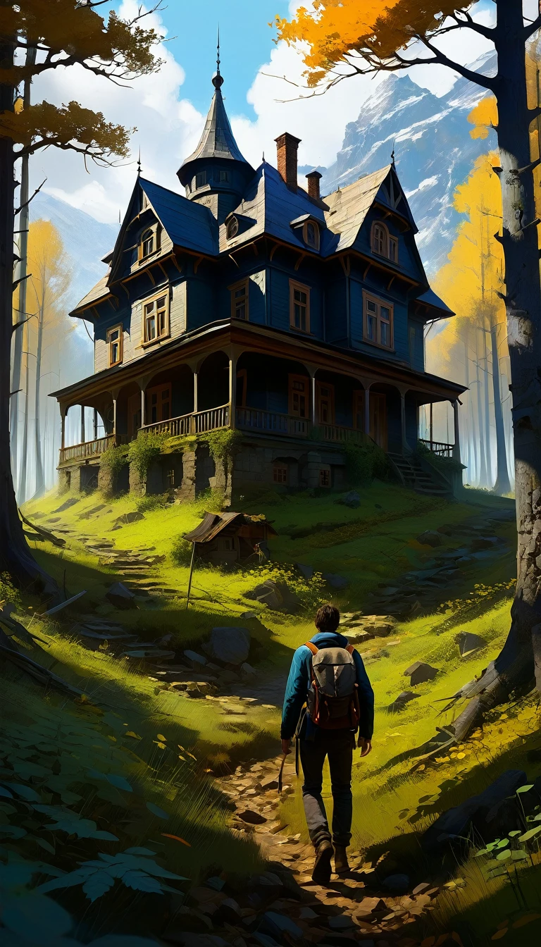 There is a single man, walking through the forest with a backpack, old house, stefan koidl inspired, bussiere rutkowski andreas rocha, by maxim verehin, Inspired by Maxim Verehin, Inspired by Tomasz Jedruszek, dark cinematic concept art, eerie nostalgic concept art, inspired by Igor Kieryluk, inspired by Ismail Inceoglu