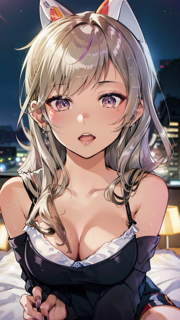 masterpiece、high quality、high resolution、Detailed people、Detailed face、Detailed Background、Background blur、((night:1.5, Love hotel bed)), Atmospheric lighting、The sky is low, mix_Artwork Style, Hanging , big , Cleavage, Sweaty, sexy, thick, 1 girl, Brown eyes, Pink Hair, Long Hair, Dark Skin, Pierced ears, Crazy and sexy fashion, Improve, Glossy Lips, White nails, Long nails、1 Girl、Alone、Straddle a man、Sexy expression、sensual face、big burp