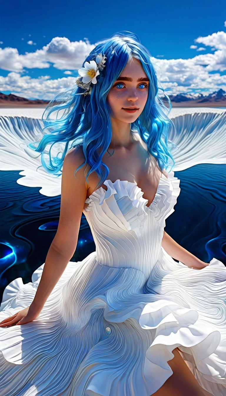 most absurd, highres, (official art, beautiful and aesthetic:1.2), (Close-up:1.15), (1 girl, Blue hair, Medium length hair, blue eyes, Shining eyes, long white dress, blue ruffle,:1.2) blue sky, Shimmering galaxy, (Salar de Uyuni:1.2), (Fractal Art:0.8), Water effects, Ripple effects, (Flower effects: 0.65), light effects,