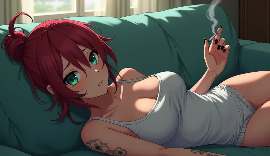 beautiful, (masterpiece:1.2), (best quality:1.2), perfect eyes, perfect face, perfect lighting, woman lying down resting on her forearms, <lora:restOnStomachFeetUp_55:1>, soles, 1girl, huge breasts, green eyes, red hair, short hair, bob cut, arms under breasts
