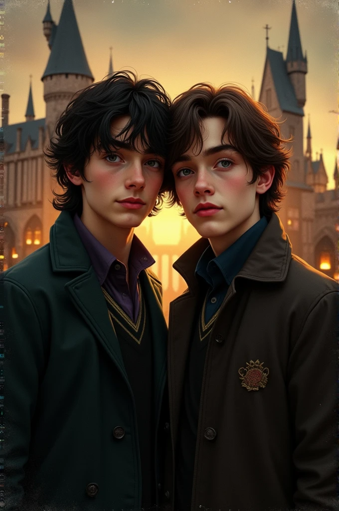 Gay couple + beautiful + Victorian era + hogwarts + Slytherin one boy with black curly hair + brown eyes + scar across left eye + tall + handsome + Korean + Irish + other boy with brown hair + brown eyes + freckles + slightly shorter + Scottish + Slytherin + in love + hug + both boys + anime art style + hogwarts uniform + sweet