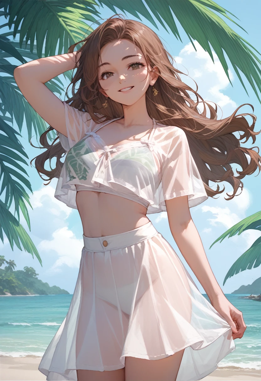 score_9, score_8, score_7_up, anime, a beautiful and sexy waifu standing on a sandy beach on a tropical island, wearing a white bikini top and see-through white skirt, exposing her feminine curves and body. She is looking at the viewer with a seductive smile and pose, her long wavy brown hair blowing in the wind.