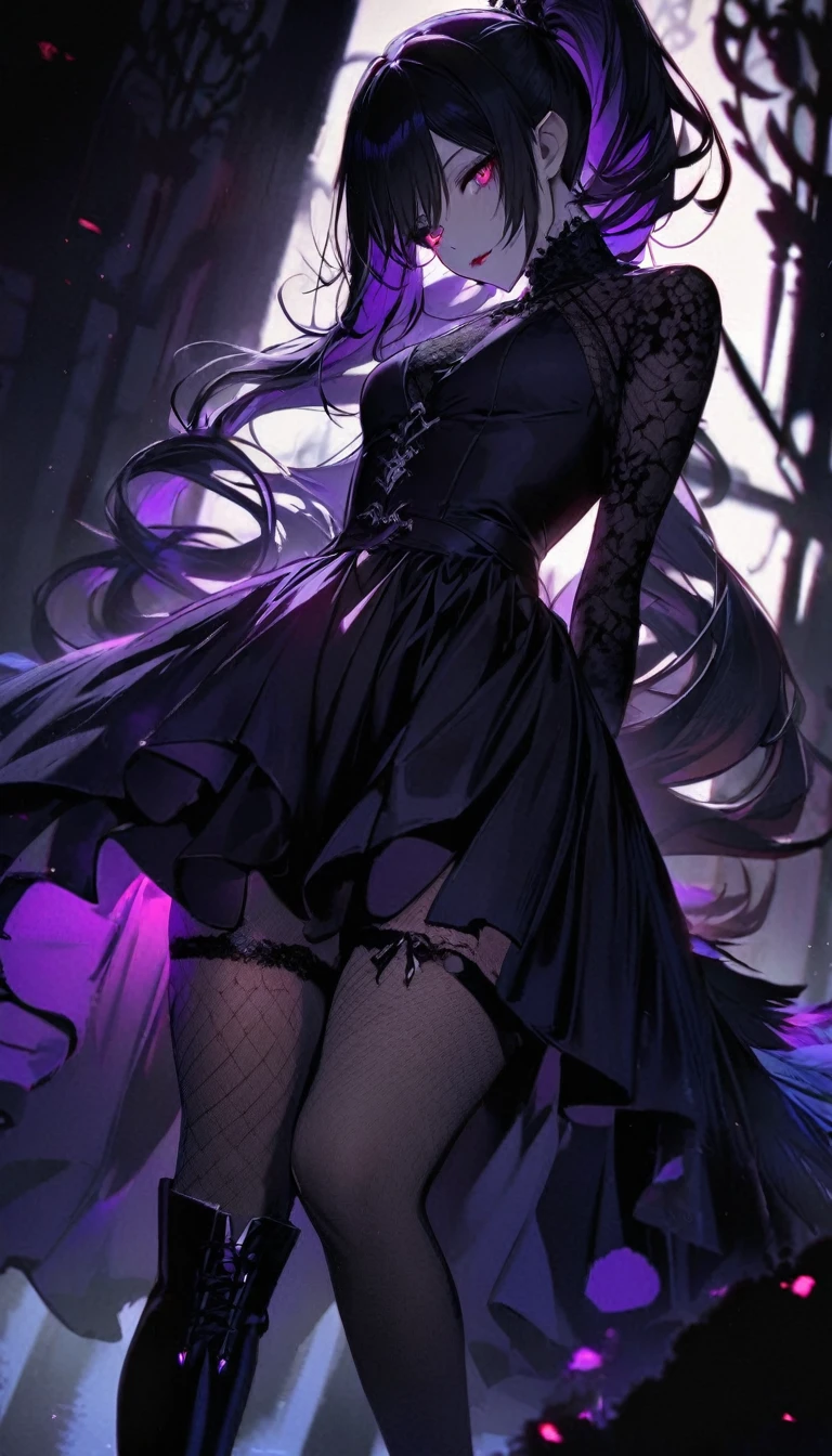 （dark atmosphere，gothic fashion，bright colors），（best quality，Super exquisite，），Sexy goth elf girl，In the rose garden at night，Beautiful and delicate eyes，Straight black ponytail with blue tips，Crow feathers，red lipstick，mysterious smile，Pale complexion，fishnet stockings，black lace dress，Pointed-toe boots，mysterious aura，The moonlight illuminates her elegant silhouette，Soft shadows and soft highlights，Contrasting colors create a vibrant atmosphere，dark and moody color palette，Subtle yet dramatic lighting effects，Sublime darkness intertwined with exquisite moonlight