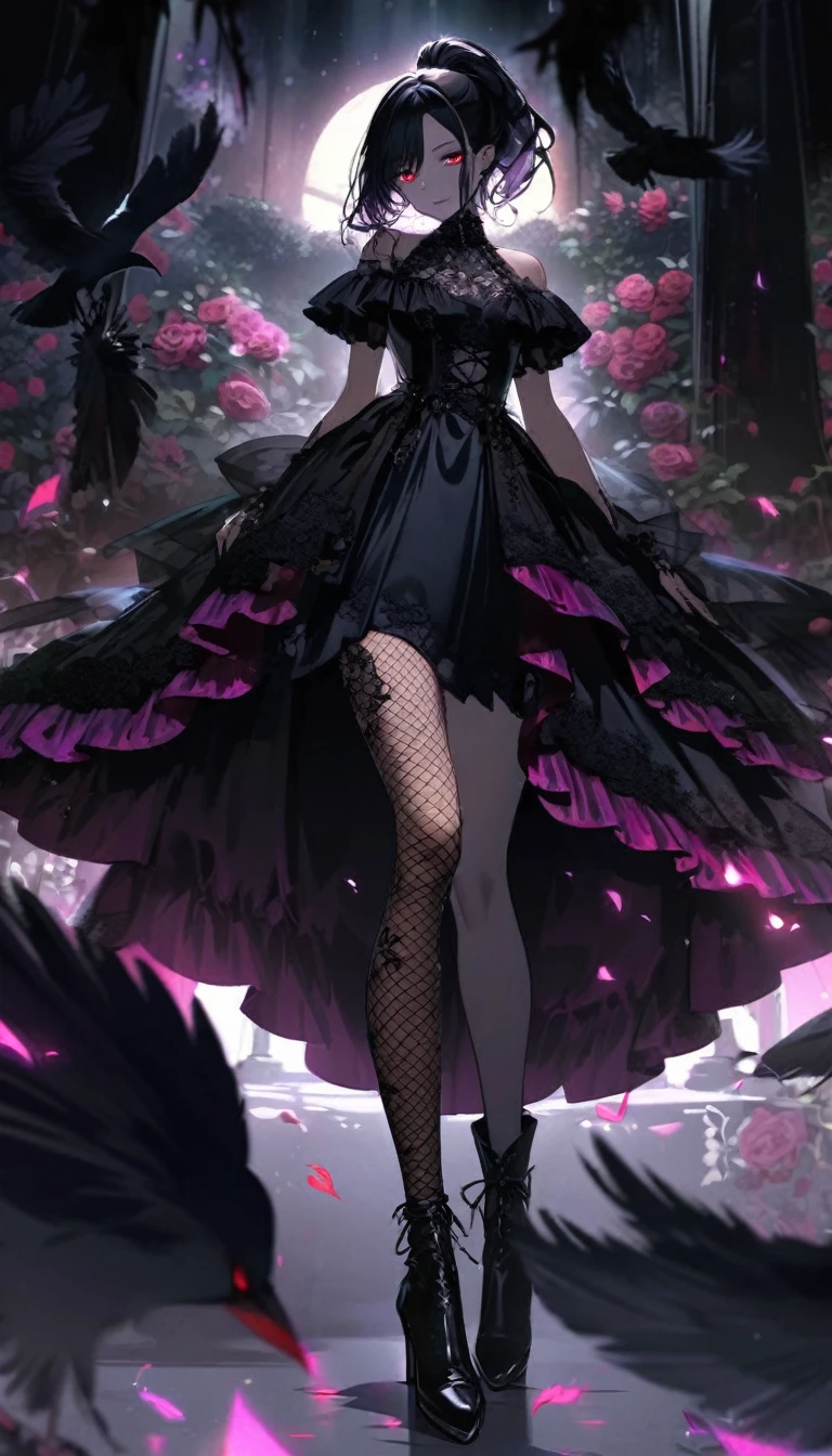 （dark atmosphere，gothic fashion，bright colors），（best quality，Super exquisite，），Sexy goth elf girl，In the rose garden at night，Beautiful and delicate eyes，Straight black ponytail with blue tips，Crow feathers，red lipstick，mysterious smile，Pale complexion，fishnet stockings，black lace dress，Pointed-toe boots，mysterious aura，The moonlight illuminates her elegant silhouette，Soft shadows and soft highlights，Contrasting colors create a vibrant atmosphere，dark and moody color palette，Subtle yet dramatic lighting effects，Sublime darkness intertwined with exquisite moonlight