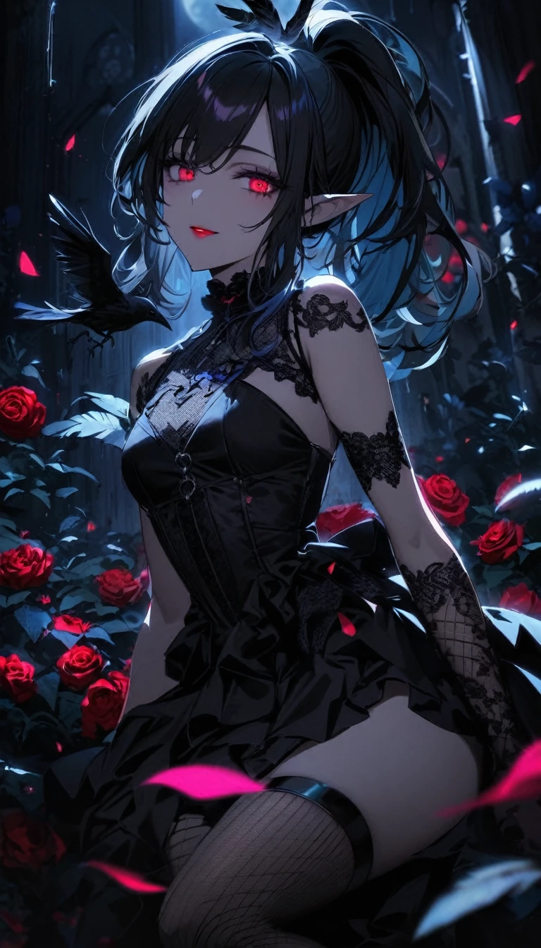 （dark atmosphere，gothic fashion，bright colors），（best quality，Super exquisite，），Sexy goth elf girl，In the rose garden at night，Beautiful and delicate eyes，Straight black ponytail with blue tips，Crow feathers，red lipstick，mysterious smile，Pale complexion，fishnet stockings，black lace dress，Pointed-toe boots，mysterious aura，The moonlight illuminates her elegant silhouette，Soft shadows and soft highlights，Contrasting colors create a vibrant atmosphere，dark and moody color palette，Subtle yet dramatic lighting effects，Sublime darkness intertwined with exquisite moonlight