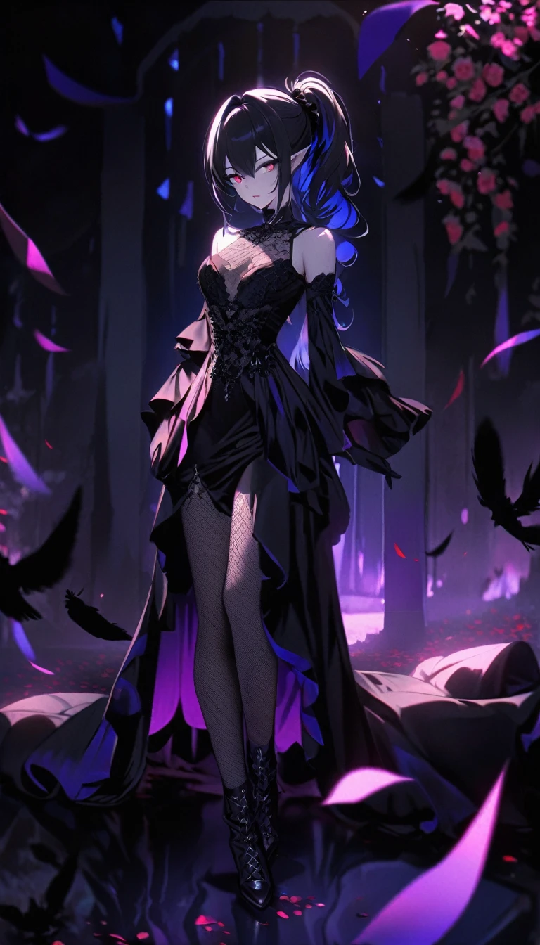 （dark atmosphere，gothic fashion，bright colors），（best quality，Super exquisite，），Sexy goth elf girl，In the rose garden at night，Beautiful and delicate eyes，Straight black ponytail with blue tips，Crow feathers，red lipstick，mysterious smile，Pale complexion，fishnet stockings，black lace dress，Pointed-toe boots，mysterious aura，The moonlight illuminates her elegant silhouette，Soft shadows and soft highlights，Contrasting colors create a vibrant atmosphere，dark and moody color palette，Subtle yet dramatic lighting effects，Sublime darkness intertwined with exquisite moonlight